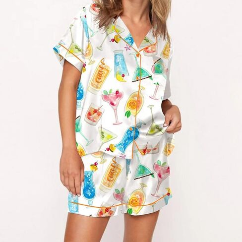 Juakoso Champagne Bottle Pajamas Women Short Sleeve Button Lounge Sets Wine Print Shorts Pjs Espresso Martini Sleepwear in Kuwait