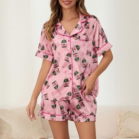 Juakoso Champagne Bottle Pajamas Women Short Sleeve Button Lounge Sets Wine Print Shorts Pjs Espresso Martini Sleepwear in Kuwait