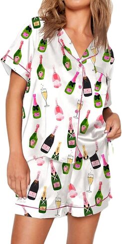 Juakoso Champagne Bottle Pajamas Women Short Sleeve Button Lounge Sets Wine Print Shorts Pjs Espresso Martini Sleepwear in Kuwait