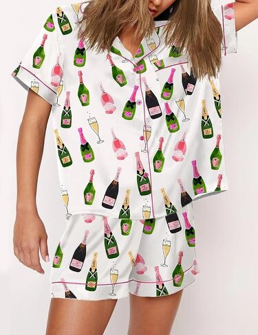Juakoso Champagne Bottle Pajamas Women Short Sleeve Button Lounge Sets Wine Print Shorts Pjs Espresso Martini Sleepwear in Kuwait