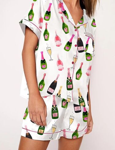 Juakoso Champagne Bottle Pajamas Women Short Sleeve Button Lounge Sets Wine Print Shorts Pjs Espresso Martini Sleepwear in Kuwait