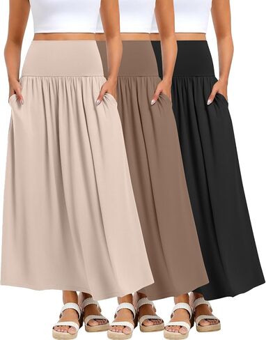 تنانير Ficerd 3 Maxi الطويلة للنساء ، وطول الكاحل عالي الخصر مطوي على خط تنانير صيف غير رسمية مع جيوب in Saudi Arabia