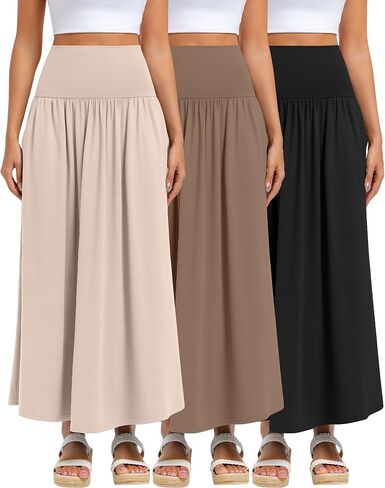 تنانير Ficerd 3 Maxi الطويلة للنساء ، وطول الكاحل عالي الخصر مطوي على خط تنانير صيف غير رسمية مع جيوب in Saudi Arabia
