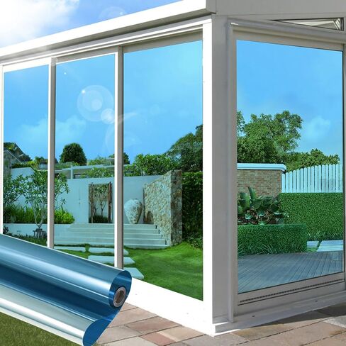 Window Film Heat Blocking One Way Window Privacy Film See Out Not in Blue Silver 17.7"X118" Home Window Tint Film Sun Blocking Heat Reflective Removable Windows Sticker for Balcony Office Car House in Kuwait