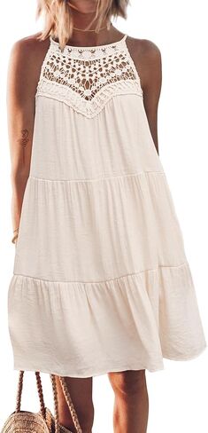 FARORO Womens Sleeveless Summer Beach Short Dresses Hollow Out Halter Coverup Casual A Line Sundress with Pockets in Saudi Arabia