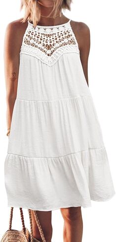 FARORO Womens Sleeveless Summer Beach Short Dresses Hollow Out Halter Coverup Casual A Line Sundress with Pockets in Saudi Arabia