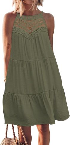 FARORO Womens Sleeveless Summer Beach Short Dresses Hollow Out Halter Coverup Casual A Line Sundress with Pockets in Kuwait