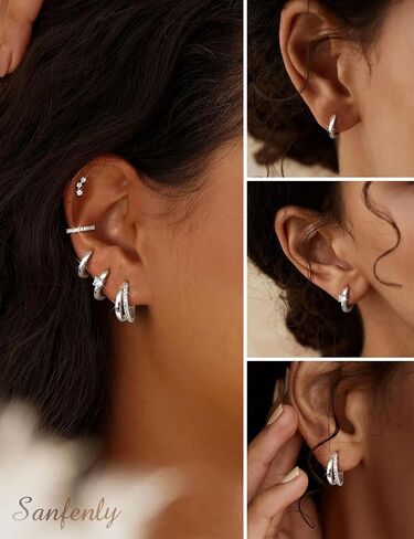 أقراط ذهبية في Sanfenly Gold Hoop أقراط للنساء الأقراط اللذيذة من الذهب 14 كيلو مقعد بأقراط صغيرة مزدوجة الذهب الفضة الأقراط للنساء in Kuwait