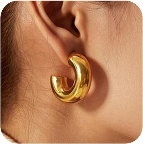 Moodear Trendy Chunky Hoop Earrings for Women - Dainty 14K Gold Plated Thinck Open Hoops Hypoallergenic Lightweight Earring Jewelry Gift in Saudi Arabia