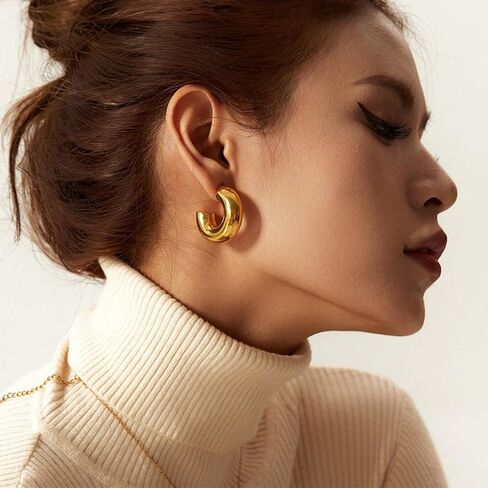 Moodear Trendy Chunky Hoop Earrings for Women - Dainty 14K Gold Plated Thinck Open Hoops Hypoallergenic Lightweight Earring Jewelry Gift in Saudi Arabia