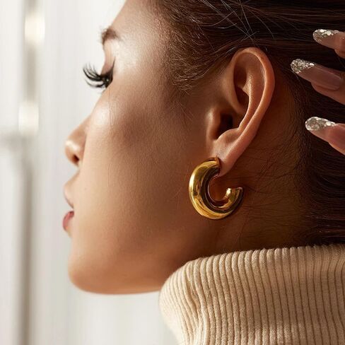 Moodear Trendy Chunky Hoop Earrings for Women - Dainty 14K Gold Plated Thinck Open Hoops Hypoallergenic Lightweight Earring Jewelry Gift in Saudi Arabia