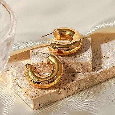 Moodear Trendy Chunky Hoop Earrings for Women - Dainty 14K Gold Plated Thinck Open Hoops Hypoallergenic Lightweight Earring Jewelry Gift in Saudi Arabia
