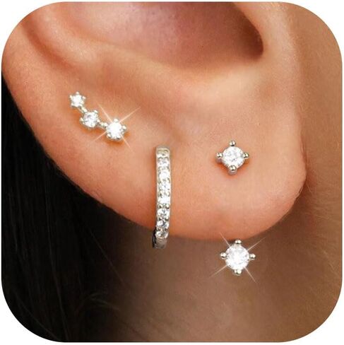 junvirtuous 925 Sterling Silver Earrings للنساء hypoallergenic 3 زوج Zirconia Zirconia small Silver Hoop Stud Strings لمجموعات مثقبة متعددة مطلي دنتي Huggiu المجوهرات in Kuwait
