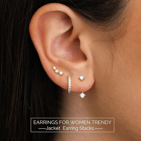 junvirtuous 925 Sterling Silver Earrings للنساء hypoallergenic 3 زوج Zirconia Zirconia small Silver Hoop Stud Strings لمجموعات مثقبة متعددة مطلي دنتي Huggiu المجوهرات in Kuwait