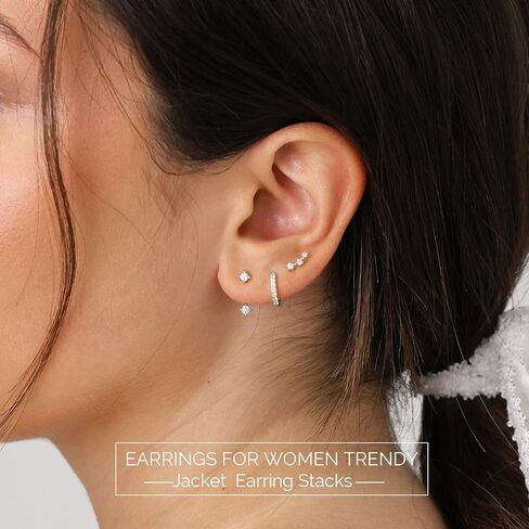 junvirtuous 925 Sterling Silver Earrings للنساء hypoallergenic 3 زوج Zirconia Zirconia small Silver Hoop Stud Strings لمجموعات مثقبة متعددة مطلي دنتي Huggiu المجوهرات in Kuwait