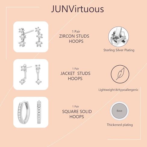 junvirtuous 925 Sterling Silver Earrings للنساء hypoallergenic 3 زوج Zirconia Zirconia small Silver Hoop Stud Strings لمجموعات مثقبة متعددة مطلي دنتي Huggiu المجوهرات in Kuwait