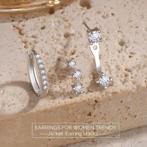 junvirtuous 925 Sterling Silver Earrings للنساء hypoallergenic 3 زوج Zirconia Zirconia small Silver Hoop Stud Strings لمجموعات مثقبة متعددة مطلي دنتي Huggiu المجوهرات in Kuwait