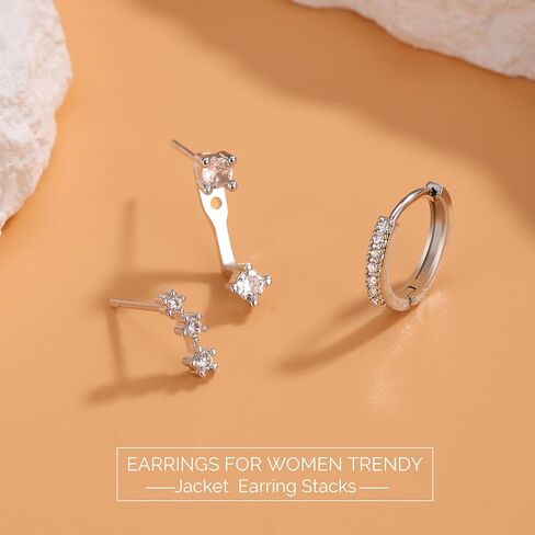 junvirtuous 925 Sterling Silver Earrings للنساء hypoallergenic 3 زوج Zirconia Zirconia small Silver Hoop Stud Strings لمجموعات مثقبة متعددة مطلي دنتي Huggiu المجوهرات in Kuwait