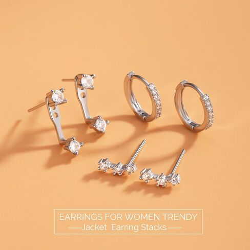 junvirtuous 925 Sterling Silver Earrings للنساء hypoallergenic 3 زوج Zirconia Zirconia small Silver Hoop Stud Strings لمجموعات مثقبة متعددة مطلي دنتي Huggiu المجوهرات in Kuwait