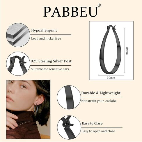 PABBEU Sterling Silver Hoop Earrings for Women Thick Large Hoops Earrings Lightweight Hypoallergenic Oval Silver Hoop Earring for Women Gifts 30/40/50/60MM in Kuwait