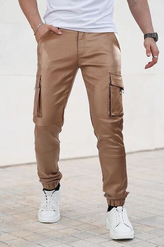 GINGTTO Mens Cargo Pants Joggers Leather Pants for Men Slim Fit in Kuwait