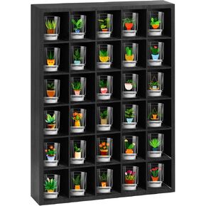 2 Pcs Shot Glass Display Case, Black Wooden Shot Glass Shelf with Removable Shelves, Wall Mounted Shadow Box Thimble Display Case, 30 Slots