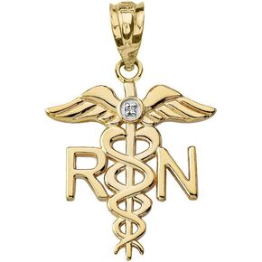 14 كيلو أصفر الذهب سوليتير الماس Caduceus RN سحر ممرضة مسجلة قلادة