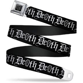 Buckle-Down Seatbelt Belt - DEATH w/Coffin Old English Black/White - 1.0" Wide - 20-36 Inches in Length