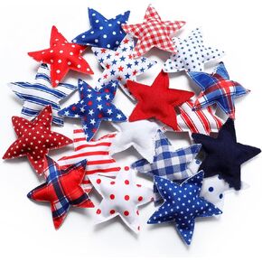 19 Pcs 4th of July Star Decoration, 4 Inch Independence Day Tiered Tray Decor Stuffed Fabric Star Patriotic Blue Red White Ornaments Stars for Rustic Home Table Craft Decor