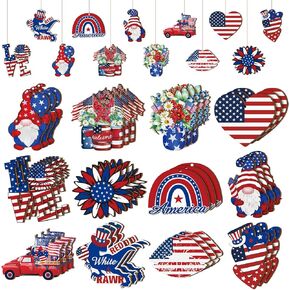 Sintuff 36 Pcs 4th of July Tree Ornaments Patriotic Wood Independence Day Ornaments Red White Blue Party Hanging Decoration Artifact for Small Tree Party Supplies Holiday All Seasons (Gnome)