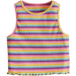 Girl's Rainbow Striped Tank Top Lettuce Trim Sleeveless Crew Neck Ribbed Casual Tops