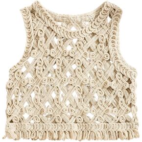 Gorglitter Girl's Crochet Croct Tank Top Hollow Out Outlicess Crew Neck Stirt Progted Stirts Tops