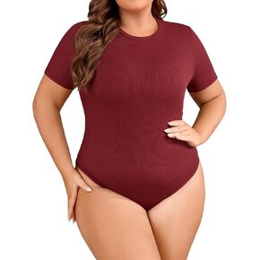FOREYOND Plus Size Bodysuits for Women Short Sleeve Scoop Neck Bodysuit One Piece Body Suit Tops