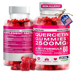 Quercetin Gummies - 2500MG Quercetin with Bromelain L-theanine & Zinc - Pure Supplement for Immune System Lung and Allergy Support - Immunity Booster Vegan Supplements for Kids & Adults - Made in USA