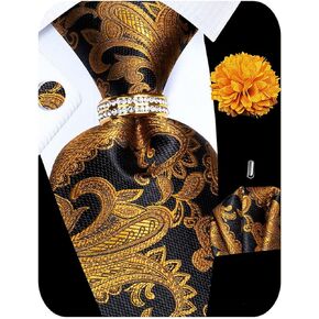 5PCS Mens Silk Tie, Pocket Square, Cufflinks, Drilled Tie Ring and Lapel Pin Set for Wedding Groom Party