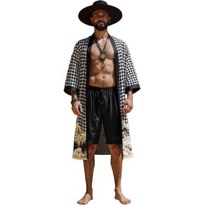 PRODESIGN Mens Houndstooth Kimono Robe - Long Satin Sleepwear Silky Nightgown Bathrobe Dressing Gown Cardigan Beach Cover Up