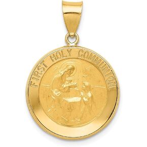 Solid 14k Yellow Gold Polished and Satin First Holy Communion Medal Pendant (21mm Height x 18mm Width)