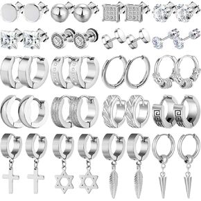 20 Pairs Stainless Steel Stud Earrings for Men Hypoallergenic Earring Unisex Punk Earring Hoop Hinged Dangle Cross Earrings for Men Women