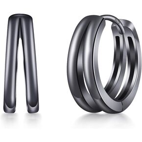 Black Double Hoop Earrings Men 925 Sterling Silver Split Hoop Huggie Earrings for Men and Women Simple Stylish 15MM