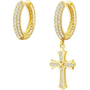 أقراط KRKC Cross Dangle - Astrling Silver Hoop ، 14K مطلي بالذهب ، Hypoallergenic ، مقاطع متدلية 15 ملم أقراط مستديرة للرجال والنساء