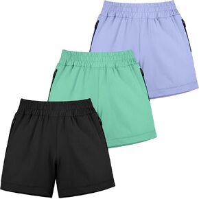 BIG ELEPHANT 3 Pcs Girls Athletic Shorts with Liner, Quick Dry Sports Shorts with Zipper Pockets for Running, Soccer, Cycling