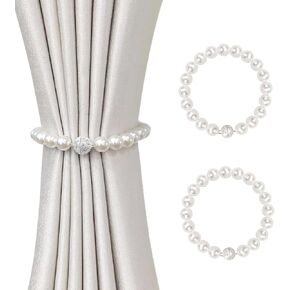 Magnetic Curtain Tiebacks, Curtain Holders for Bedroom Decor, 2 Pack Pearl Curtain Tiebacks for Home, Office, Window Decoration(White)