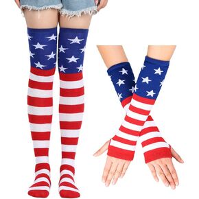 Soochat 4th of July Gloves Knee High Socks Set USA Flag Striped Knee High Socks Leg Arm Warmer Fingerless Gloves for Womens Girls Cosplay Accessories 2Pair