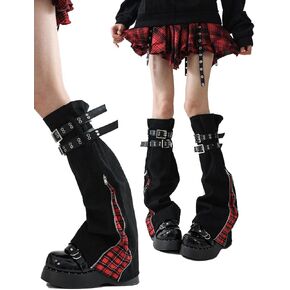 Goth Punk Leg Warmers for Women - Y2K Black Lace-Up Adjustable Thigh High Warmers, Elastic Slimming Zipper Design