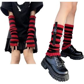Y2k Leg Socks Arm Sleeve for Women, Red Black Knitted Striped Arm Warmers Leg Warmers 80s Outfit Grunge Accessories