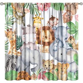 Woodland Animals Curtains, Safari Animals Cute Cartoon Jungle Forest Pattern for Kids Girls Boys Room Decor, Blackout Drapes for Living Room Bedroom Kitchen 2 Panel Set 21" W X 54" L