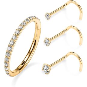 FUNLMO G23 Titanium Nose Studs Nose Piercing Jewelry 20G Nose Ring L Shaped Corkscrew Straight Diamond CZ Nose Screw for Women Men