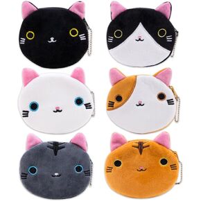 Zorza 6pcs Kawaii Cat Face Coin Presh with Zipper Plush Coin Prest Cartoon Presh Lughly Chang