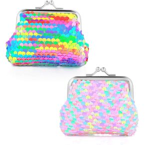 2PCS Small Coin Purse for Women Girls, Kiss-Lock Nylon Change Purse Double Sided Sequin Mini Coin Pouch Kids Cute Colorful Coin Purses Tiny Coin Wallet for Change, Keys, Lipstick