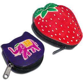 Leather Coin Pouch Mini Purse Wallet Bag with Zipper Multipurpose Christmas Gift for Women Girls (Strawberry & Maroon elephant)